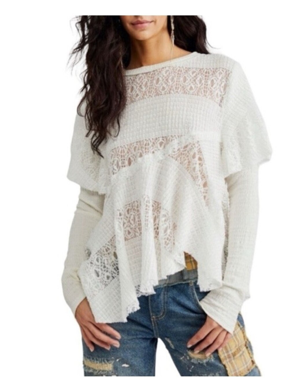 Free People White Lace-Panel Tunic Sweater